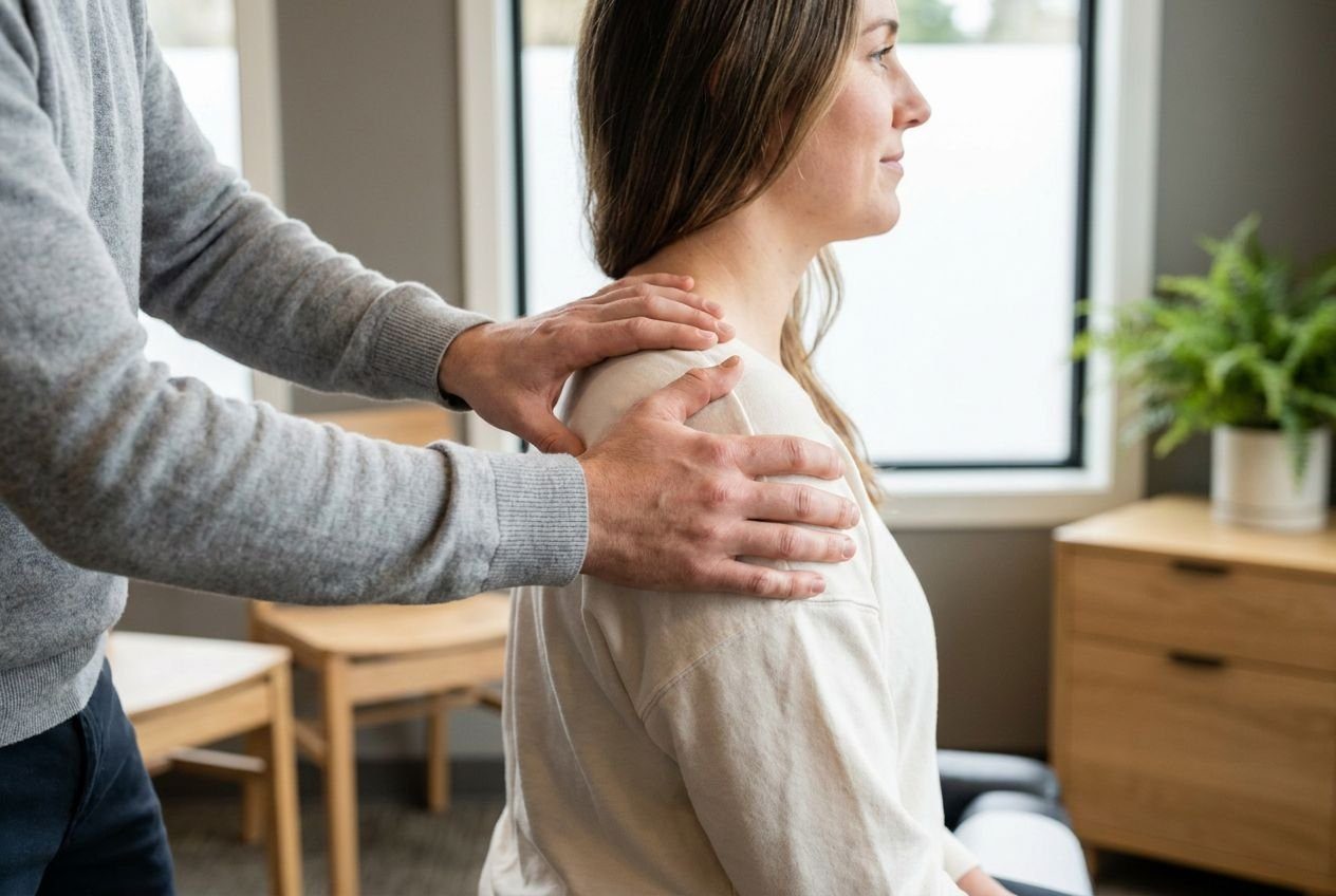 Chiropractor examining a patient shoulder after a car accident at our Troutdale clinic