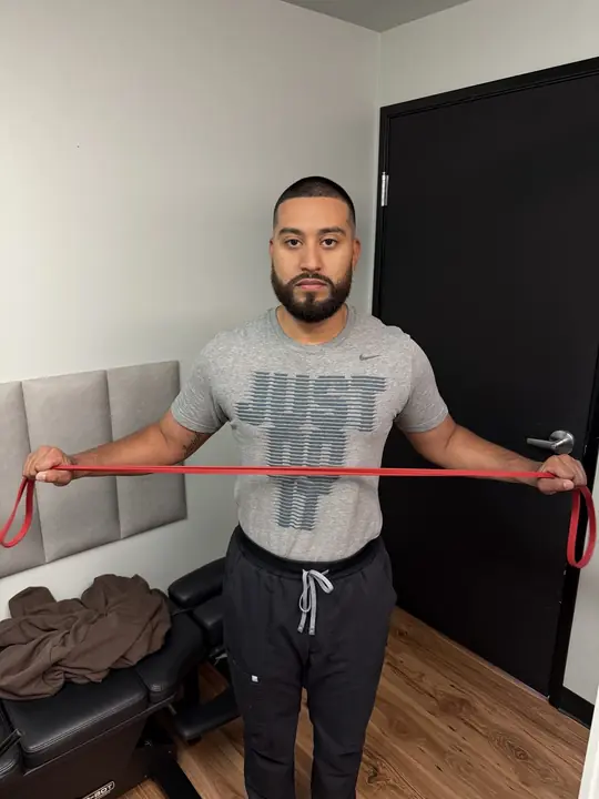 Band Pull-Aparts: Pull-apart: arms wide, shoulder blades squeezed