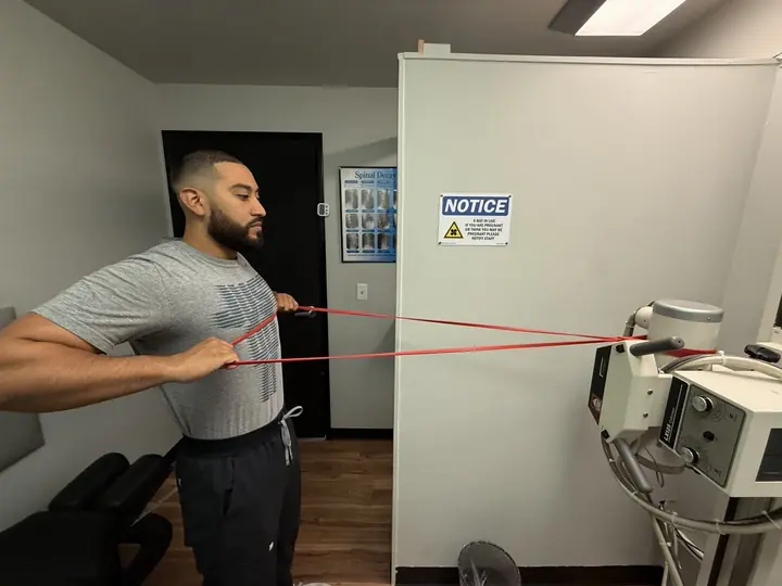 Band Rows: Pull: elbows back past the ribs