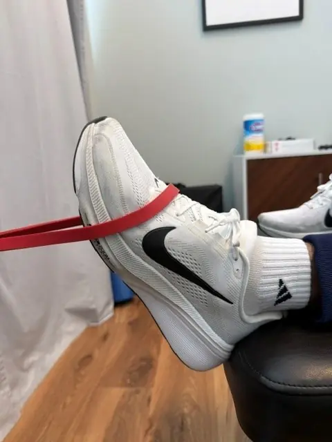 Band Ankle Dorsiflexion: Start: band pulling the foot away