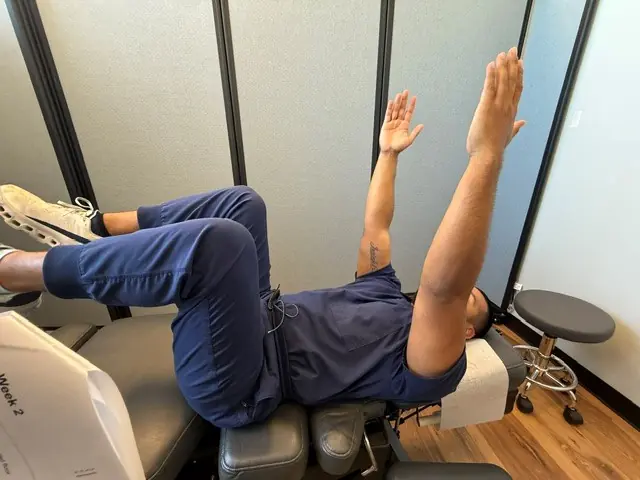 Dead Bug: Start: arms up, knees bent, feet lifted