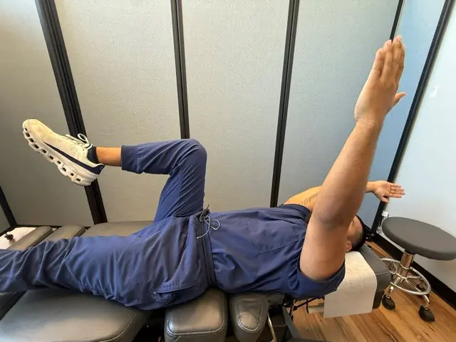 Dead Bug: Reach: opposite arm and leg reach toward the floor