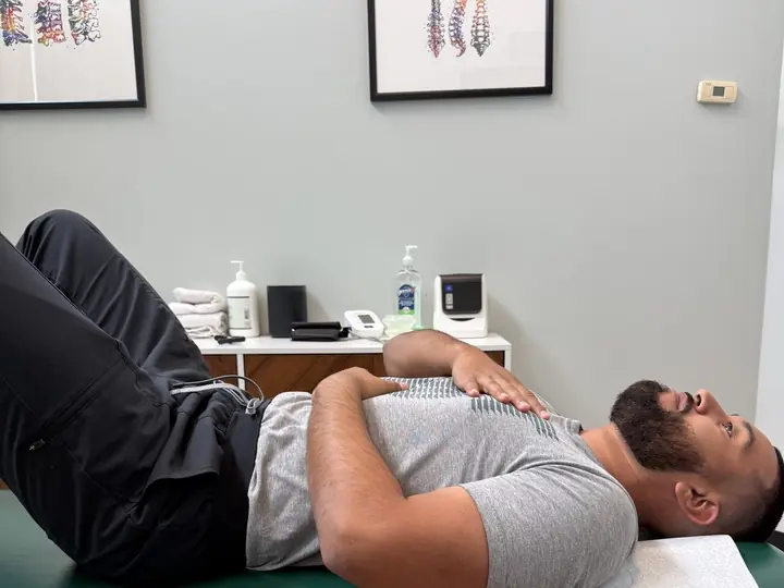 Diaphragmatic Breathing: Exhale: ribs settle, shoulders drop