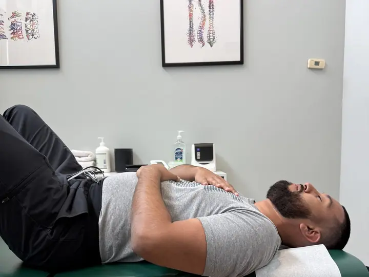 Diaphragmatic Breathing: Inhale: belly rises, ribs spread