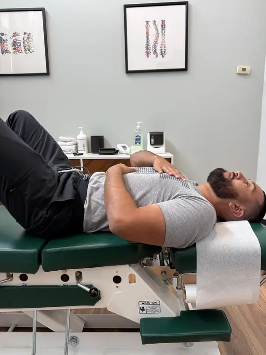 Diaphragmatic Breathing: Exhale: belly falls, hand drops with it