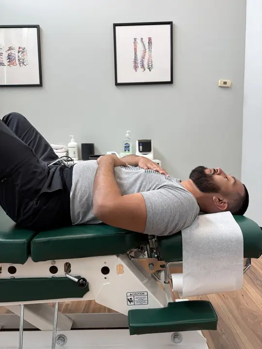 Diaphragmatic Breathing: Exhale: belly falls, hand falls with it