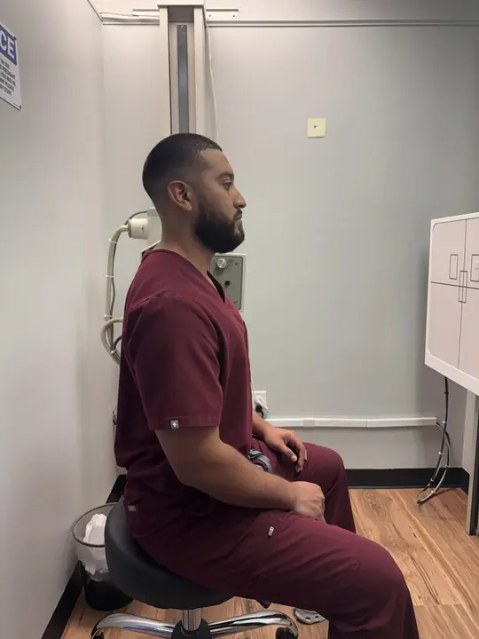 Functional Posture Drill: Better: stacked, shoulder blades back, chin tucked