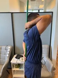 Hip Hinge: Start: standing tall, stick touching head, mid back and tailbone