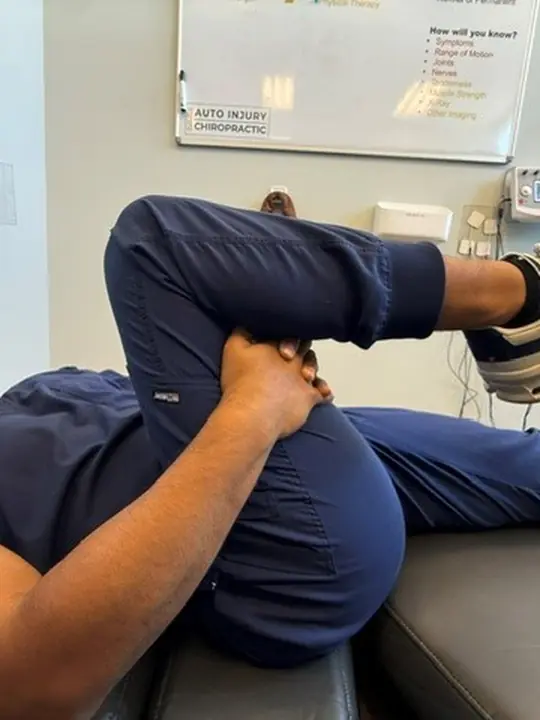 Single Knee to Chest: Hold: hands behind the thigh, not on the kneecap
