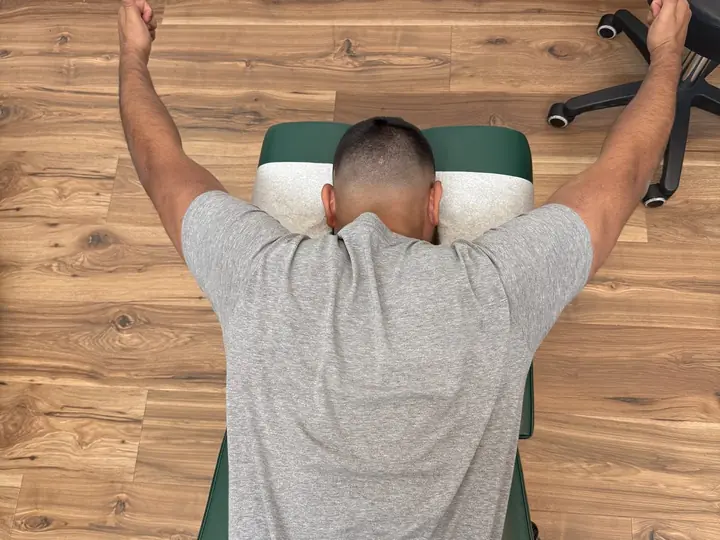 Prone Y, T, W and I Series: Y: arms angled above the head, thumbs up