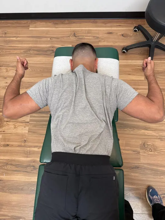 Prone Y, T, W and I Series: W: elbows bent, hands up by the shoulders