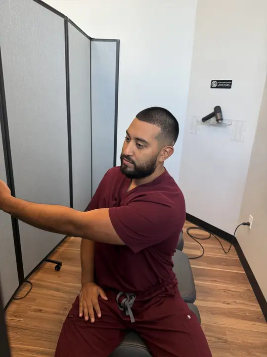 Seated Thoracic Rotation: Reach left: same motion the other way