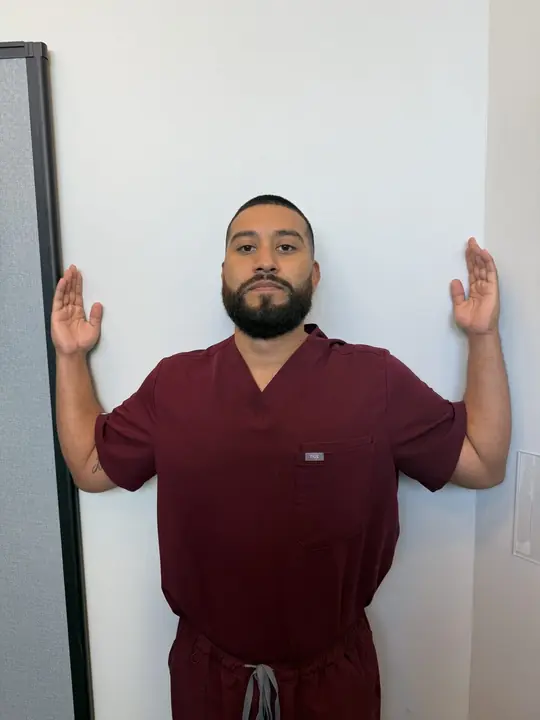 Wall Slides and Wall Angels: Start: arms at shoulder height, elbows bent
