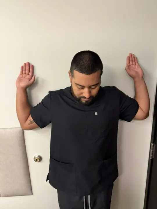 Wall Slides and Wall Angels: Start: back against the wall, elbows bent